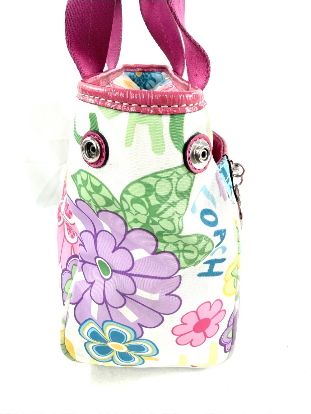 Coach F14882 Poppy Daisy Floral Multicolor Canvas Small Shoulder Bag Pink Trim - Picture 6 of 12